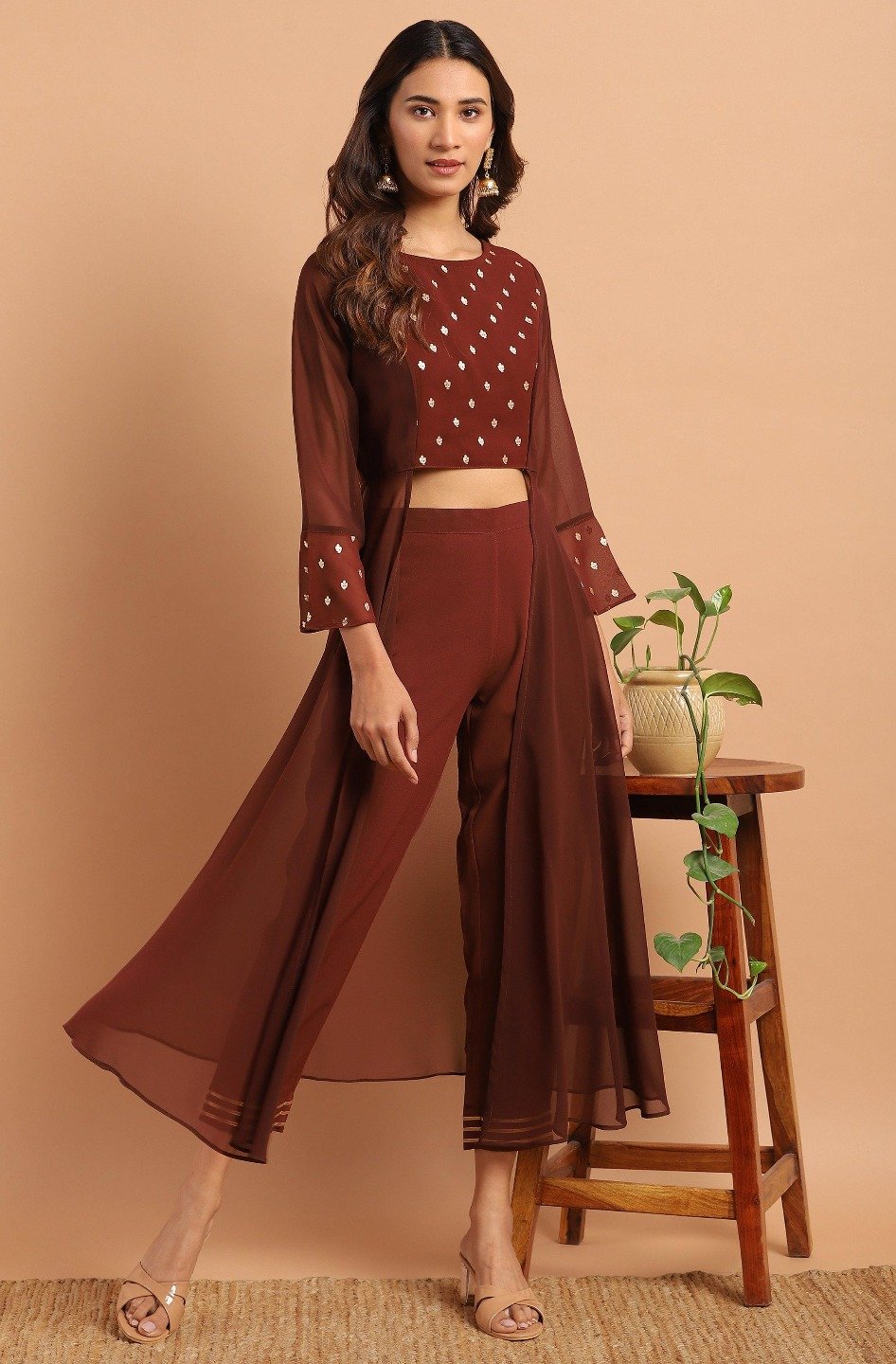 Women's Brown Georgette Top With Pa