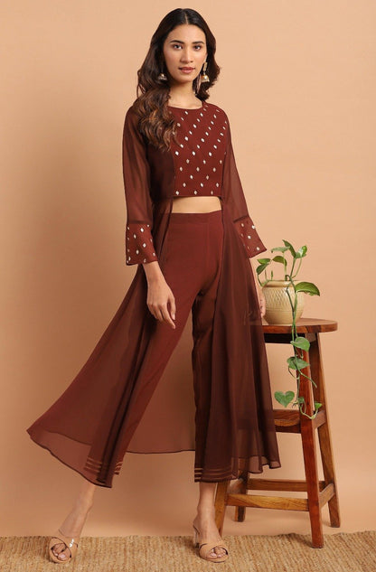 Women's Brown Georgette Top With Pa