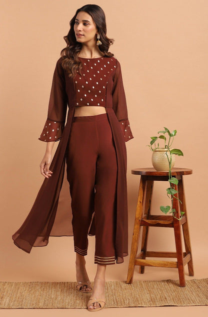 Women's Brown Georgette Top With Pa