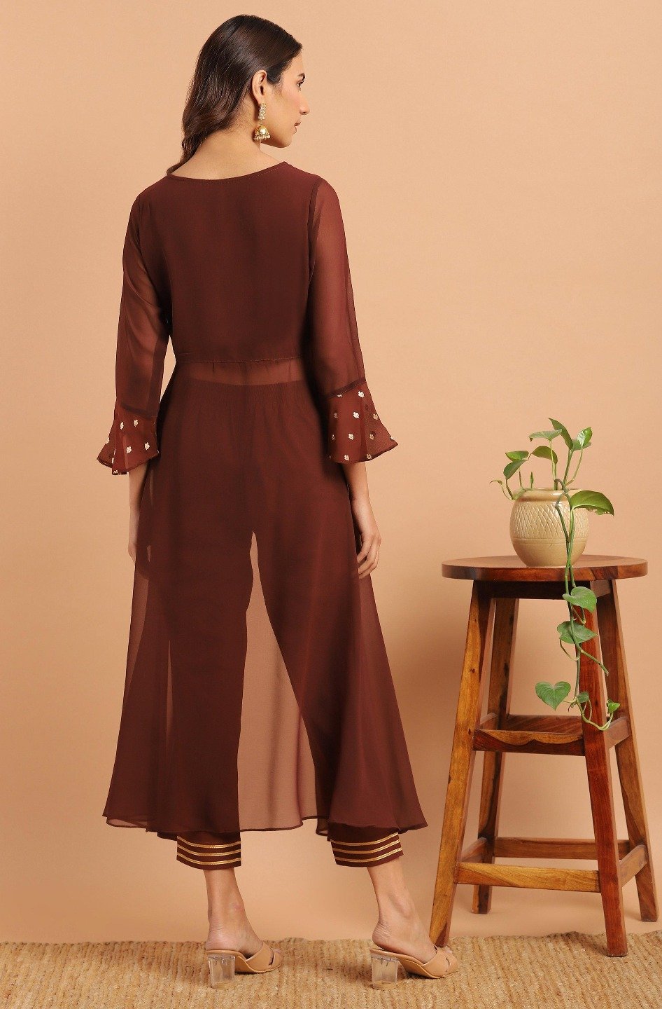 Women's Brown Georgette Top With Pa