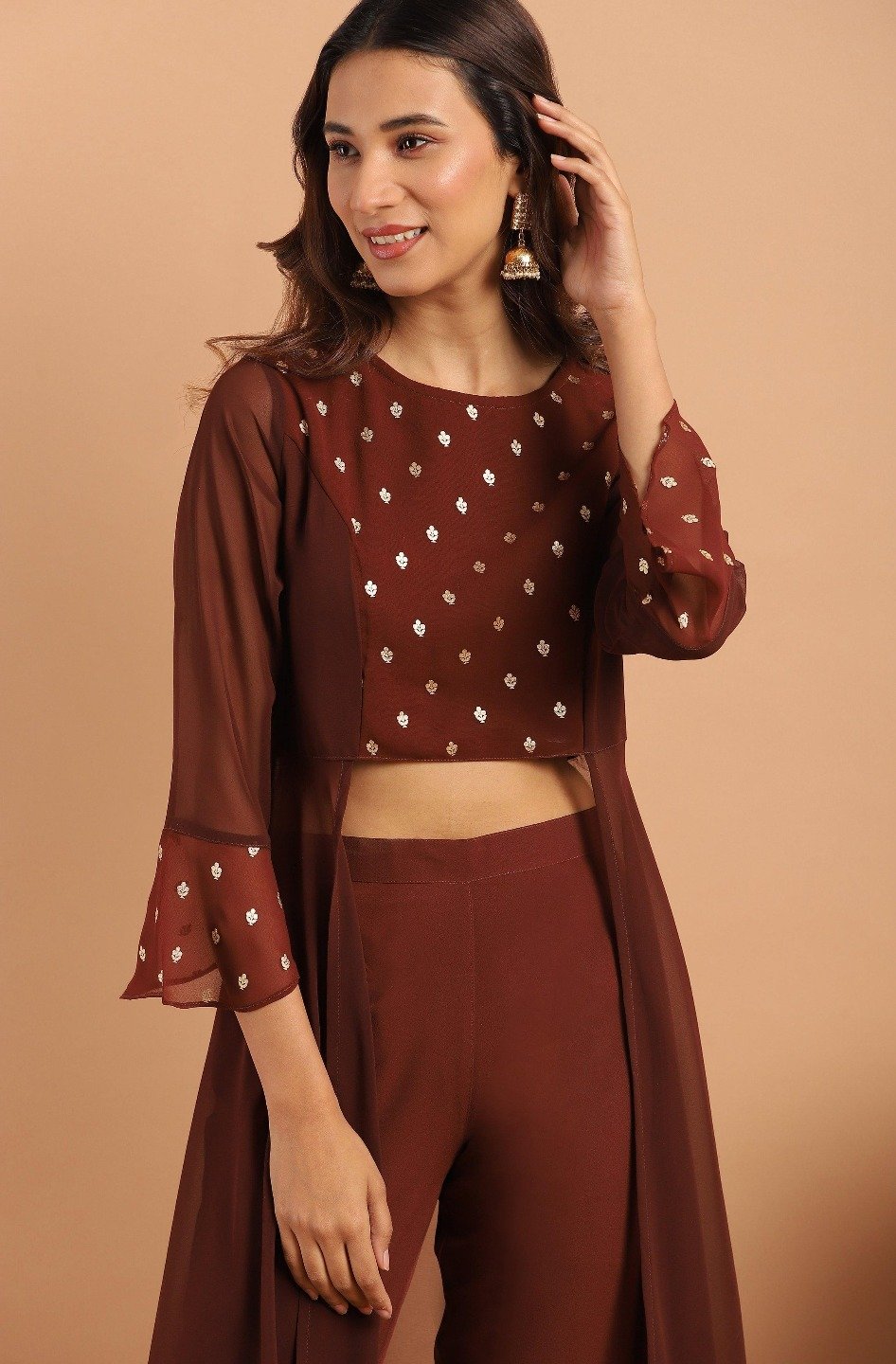 Women's Brown Georgette Top With Pa