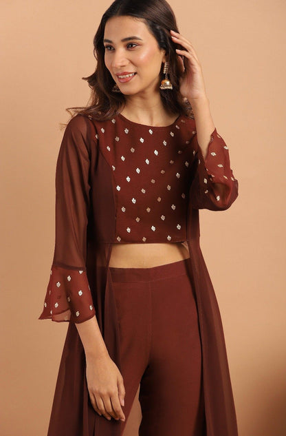 Women's Brown Georgette Top With Pa