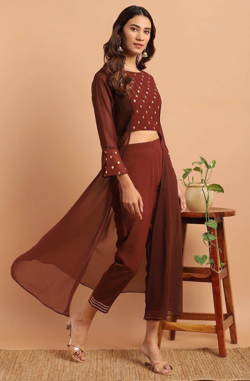 Women's Brown Georgette Top With Pa