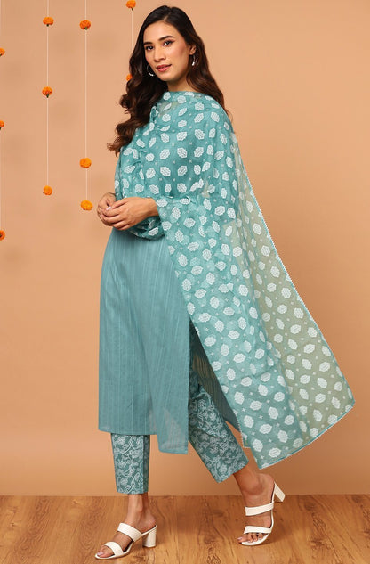 Women's Turquoise Cotton Kurta With Pant And Dupat