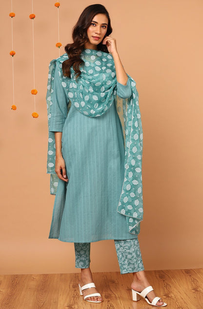 Women's Turquoise Cotton Kurta With Pant And Dupat