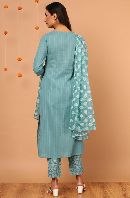 Women's Turquoise Cotton Kurta With Pant And Dupat