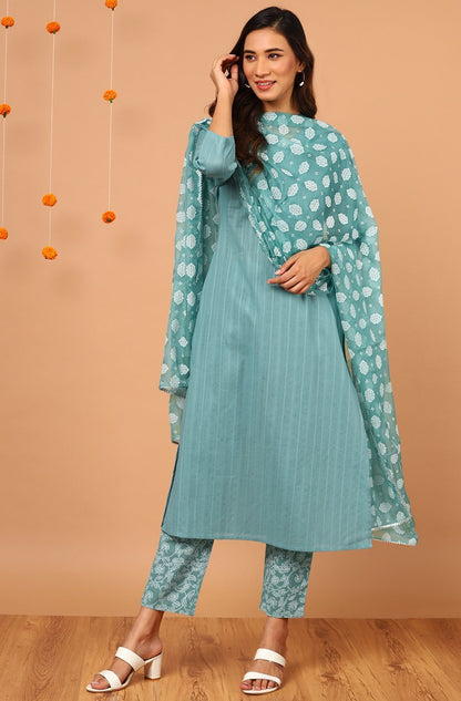 Women's Turquoise Cotton Kurta With Pant And Dupat