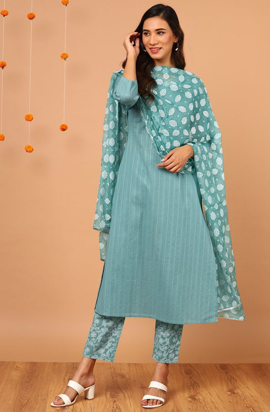 Women's Turquoise Cotton Kurta With Pant And Dupat