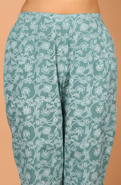 Women's Turquoise Cotton Kurta With Pant And Dupat