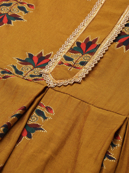 Women's Mustard Color Muslin Foil Printed Kurta Sharara With Dupatta