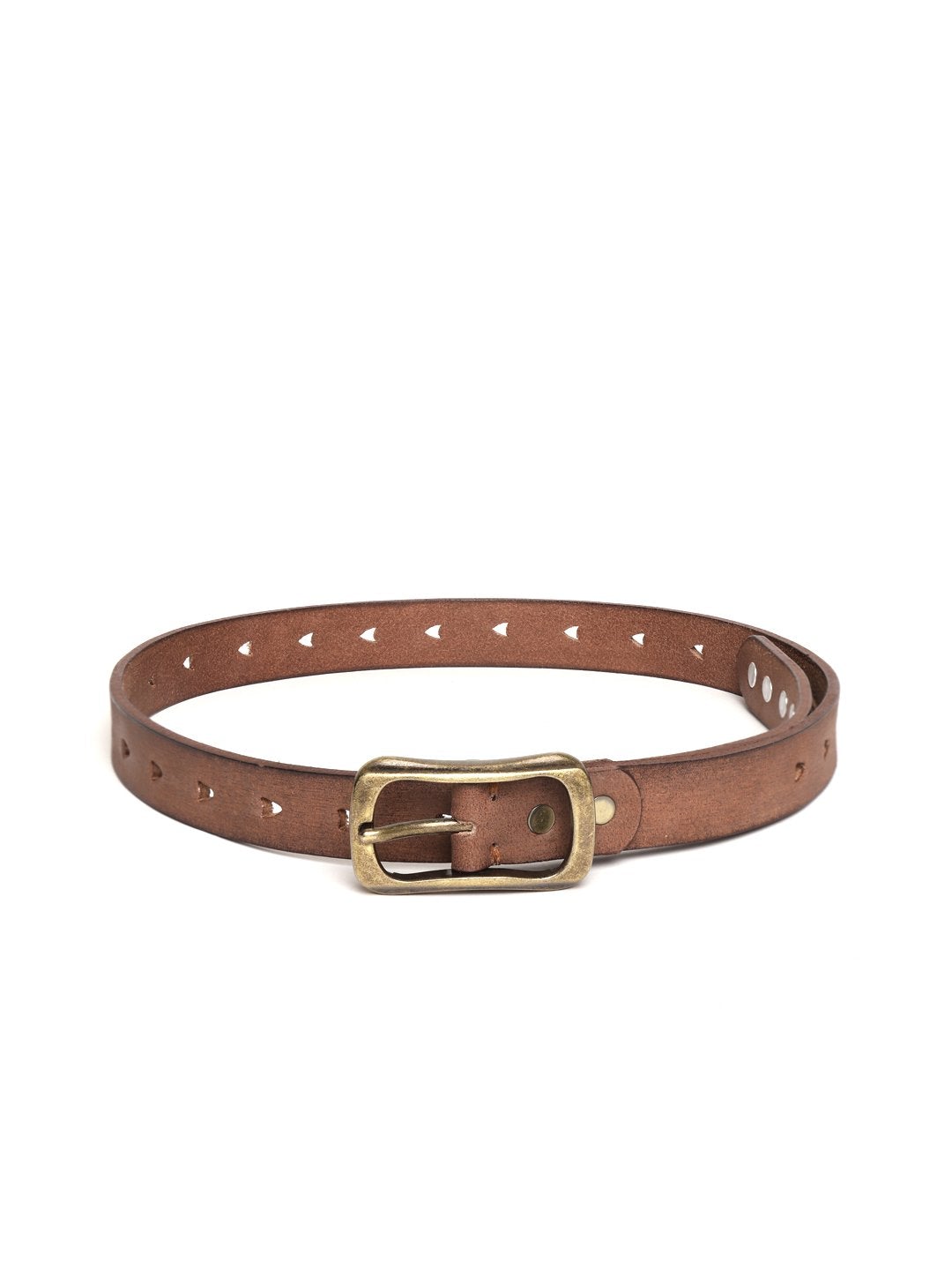 Women's Brown Heart Holes Studded Leather Belt