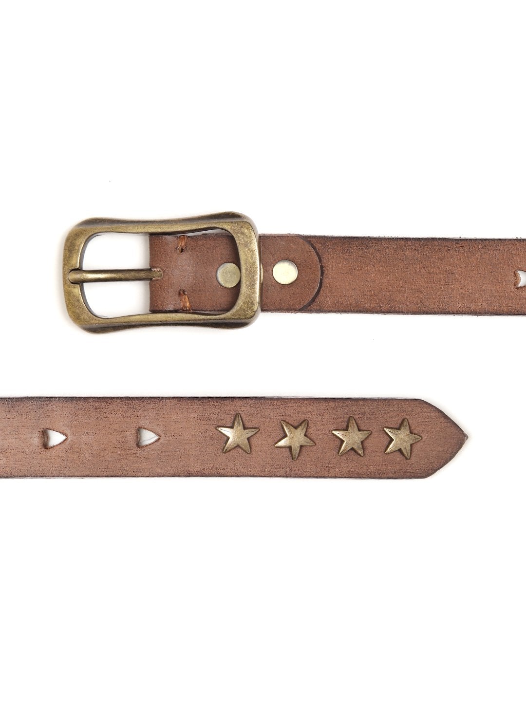 Women's Brown Heart Holes Studded Leather Belt