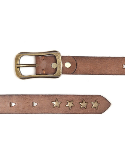 Women's Brown Heart Holes Studded Leather Belt