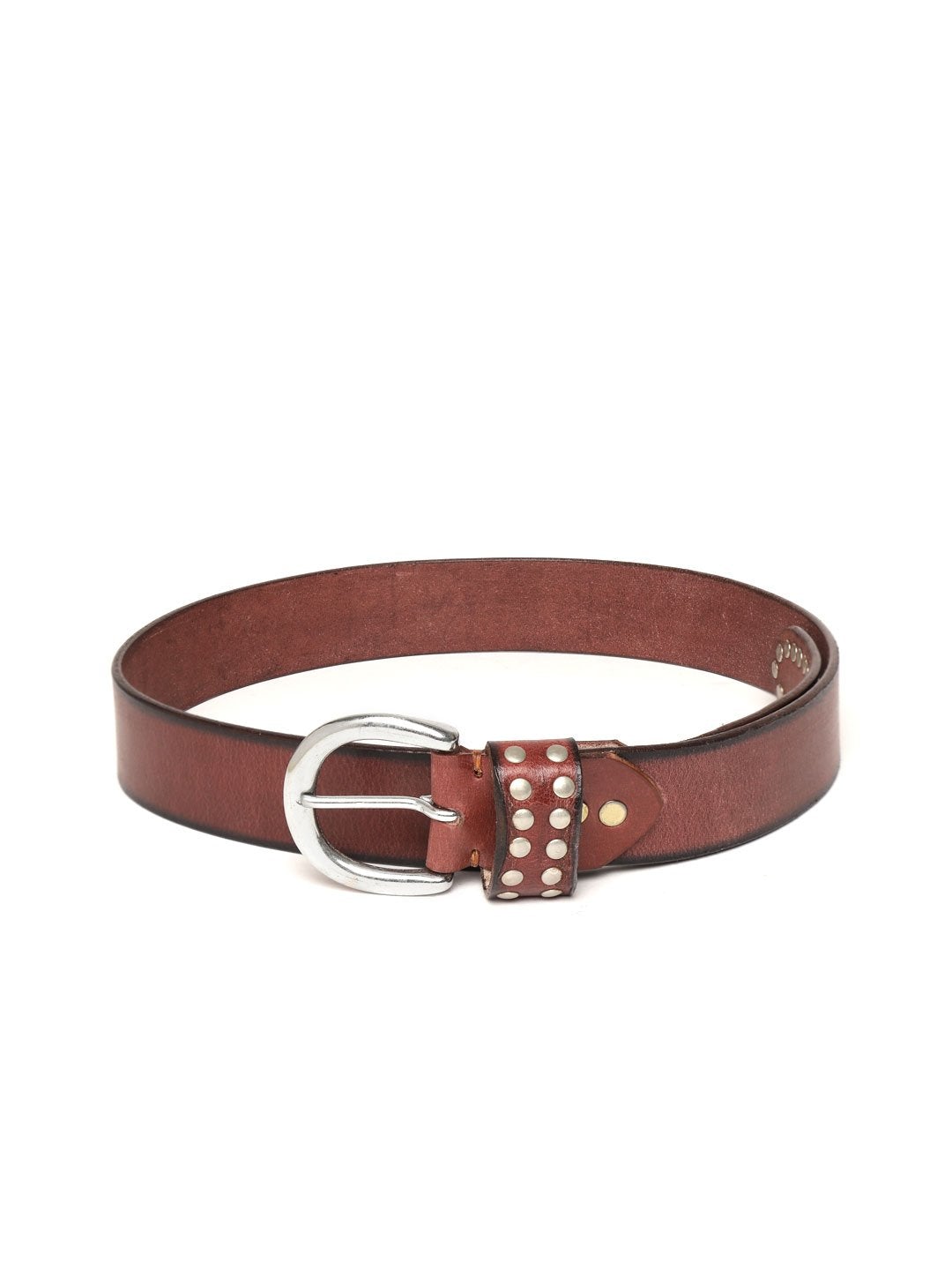 Women's Maroon Broad Silver Studded Leather Belt