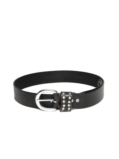 Women's Black Broad Silver Studded Leather Belt