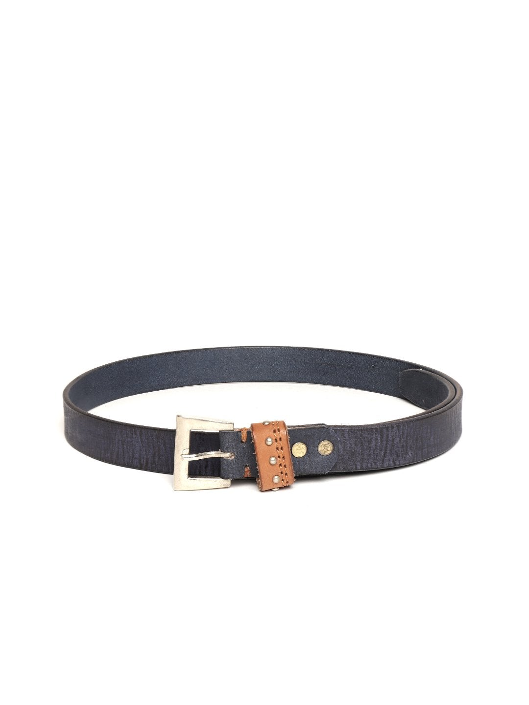 Women's Blue Slim Contrast Studded Loop Leather Belt