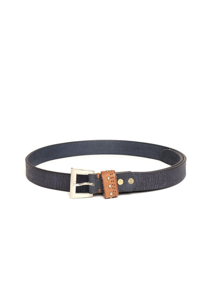 Women's Blue Slim Contrast Studded Loop Leather Belt