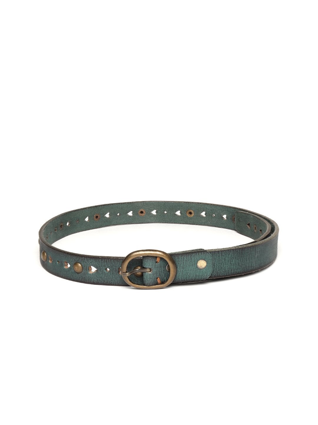 Women's Green Heart Holes Studded Leather Belt