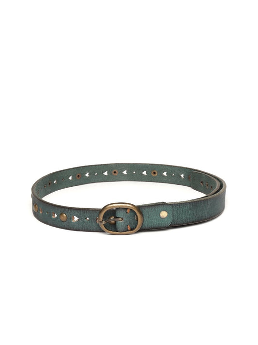 Women's Green Heart Holes Studded Leather Belt