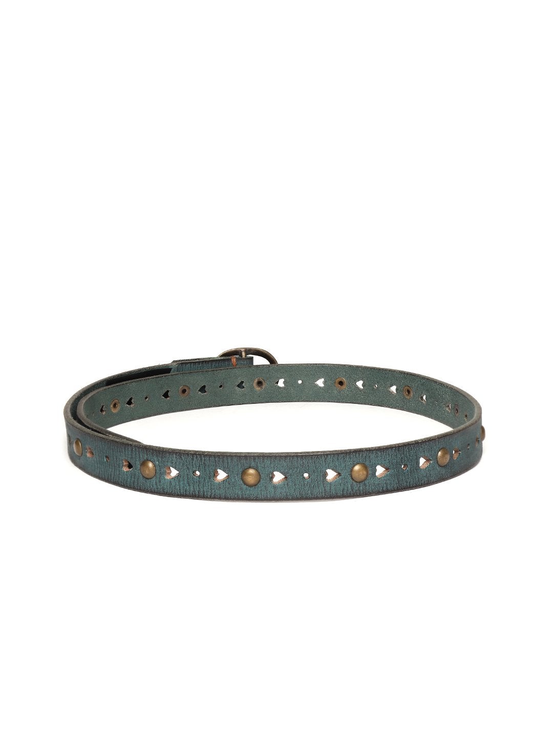 Women's Green Heart Holes Studded Leather Belt