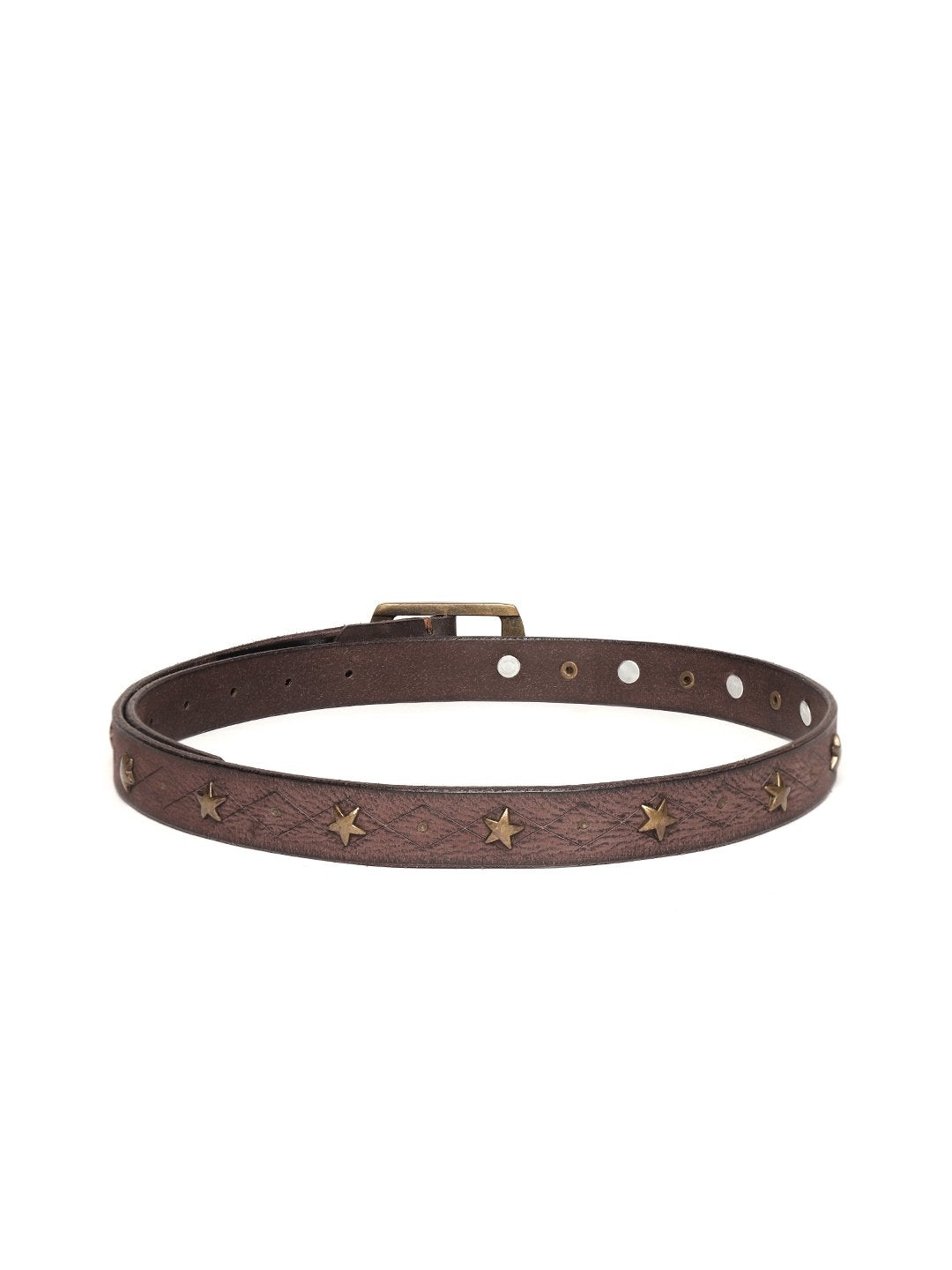 Women's Brown Leather Star Studded Belt
