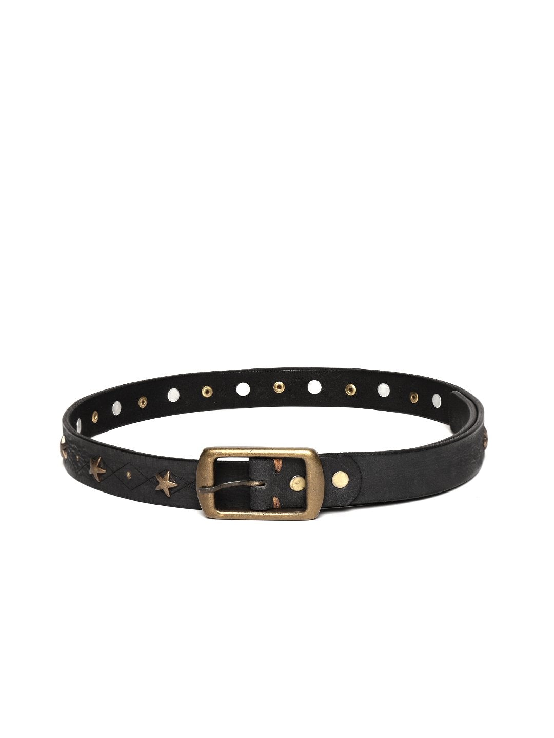 Women's Black Leather Star Studded Belt