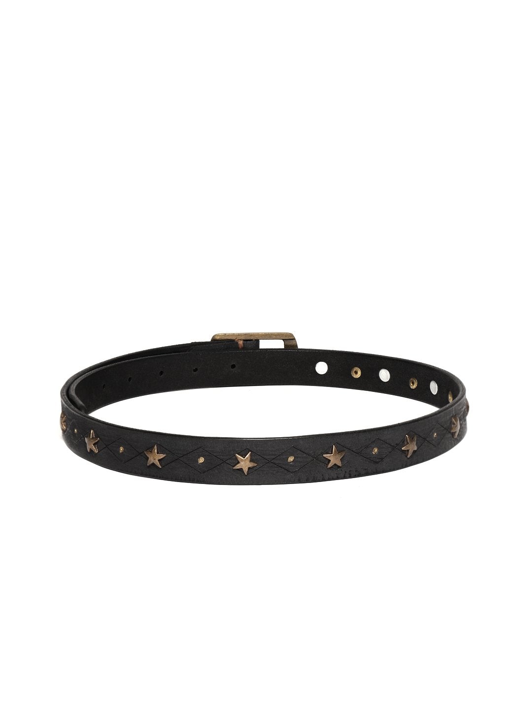 Women's Black Leather Star Studded Belt