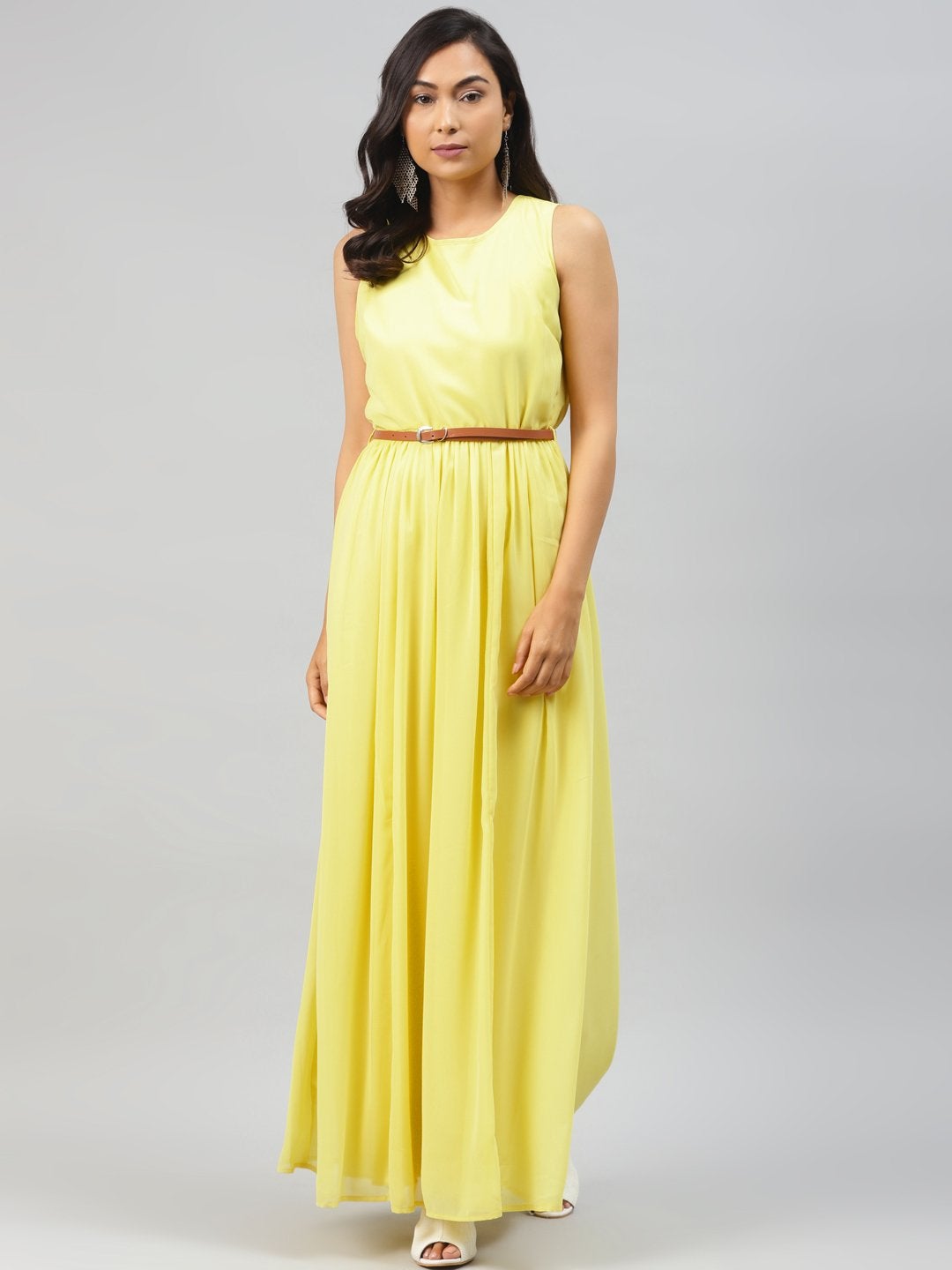 Women's Yellow Sleeveless Belted Maxi Dress