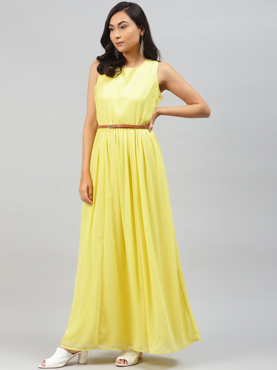 Women's Yellow Sleeveless Belted Maxi Dress