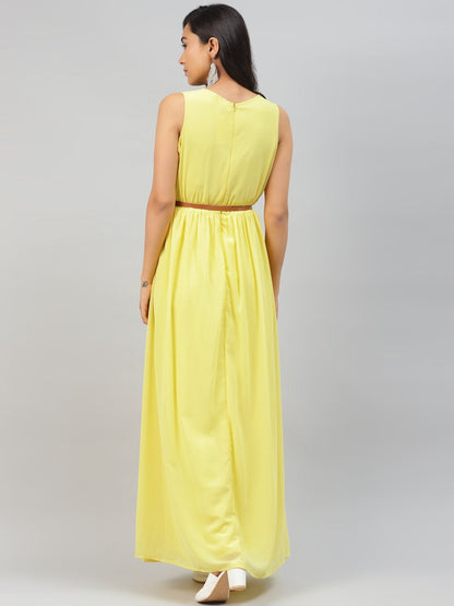 Women's Yellow Sleeveless Belted Maxi Dress