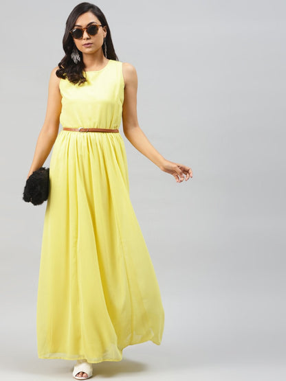Women's Yellow Sleeveless Belted Maxi Dress