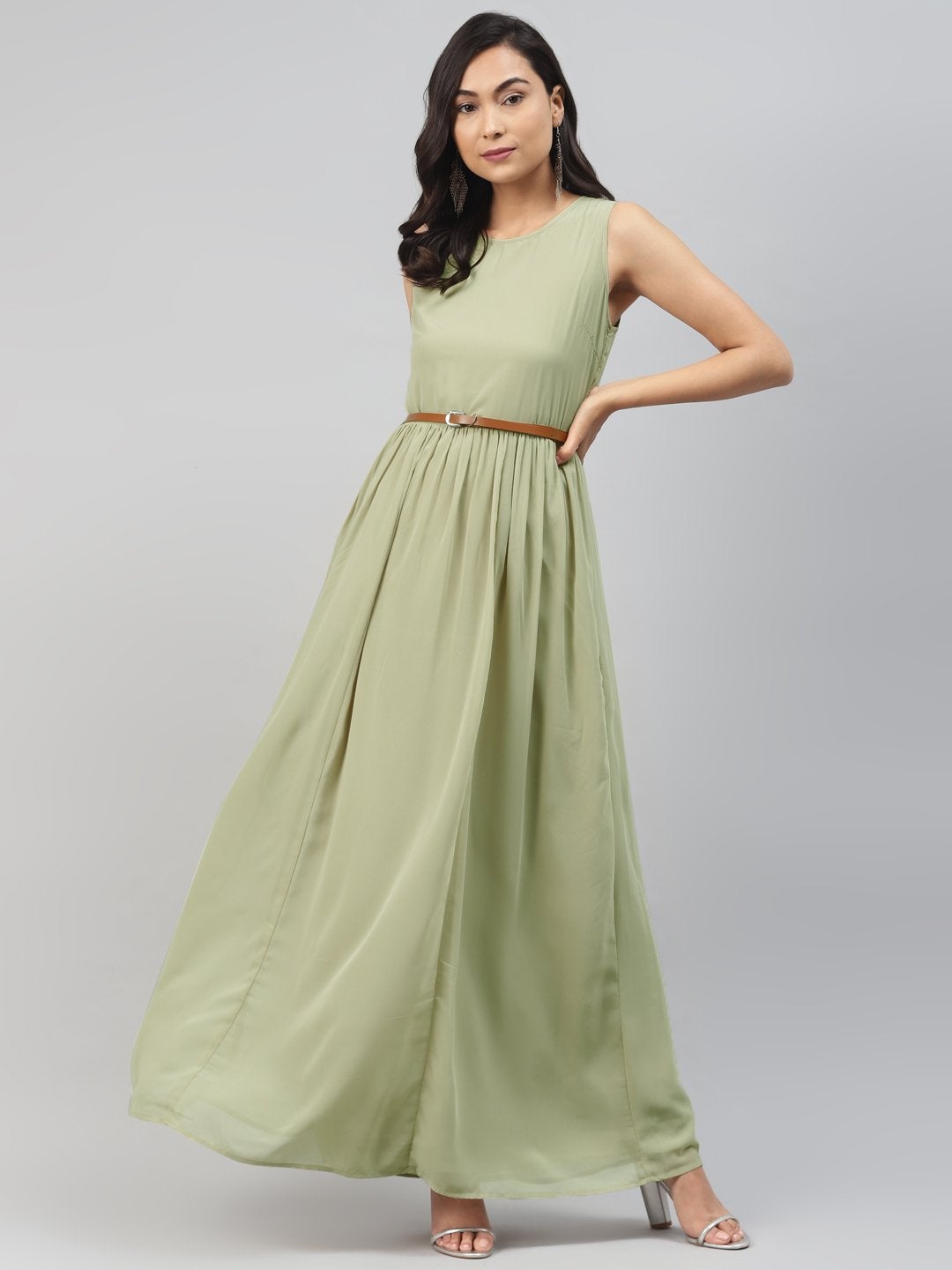Women's Olive Sleeveless Belted Maxi Dress