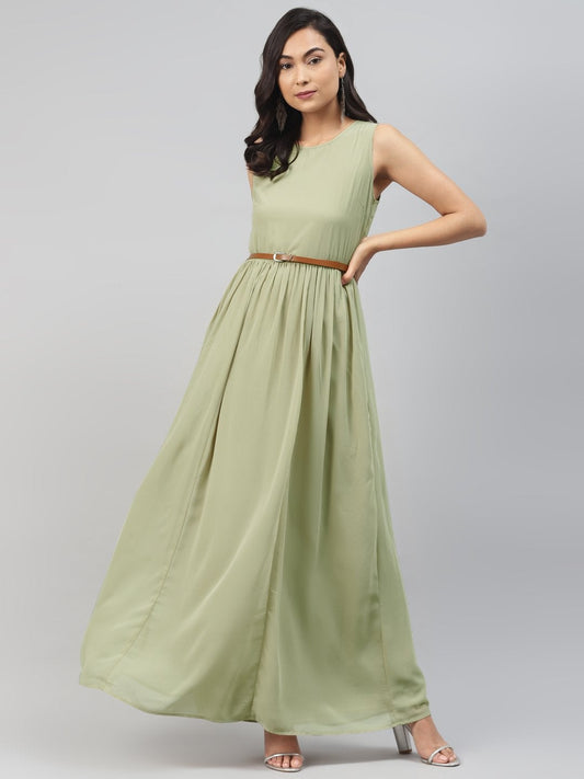 Women's Olive Sleeveless Belted Maxi Dress