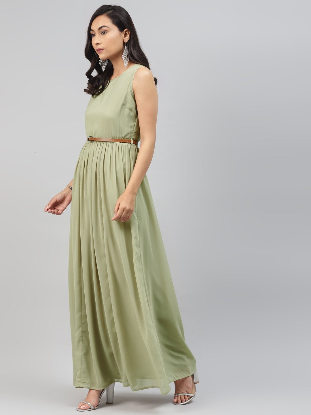 Women's Olive Sleeveless Belted Maxi Dress