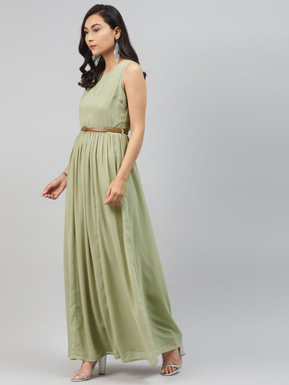 Women's Olive Sleeveless Belted Maxi Dress