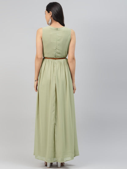 Women's Olive Sleeveless Belted Maxi Dress