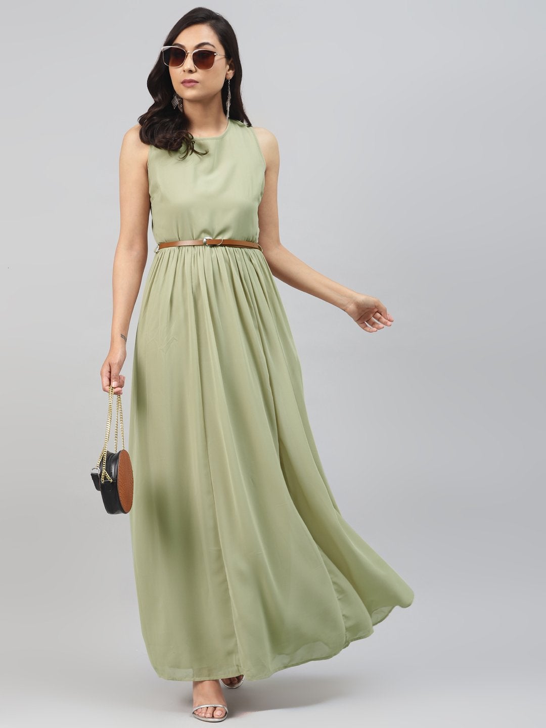 Women's Olive Sleeveless Belted Maxi Dress