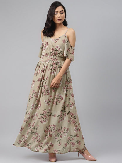 Women's Olive Floral Cold Shoulder Maxi Dress