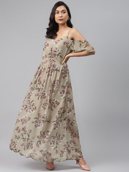 Women's Olive Floral Cold Shoulder Maxi Dress