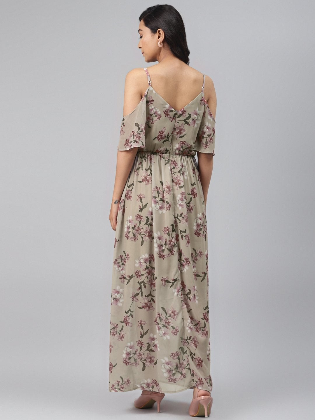 Women's Olive Floral Cold Shoulder Maxi Dress