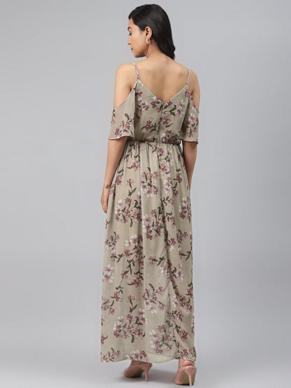 Women's Olive Floral Cold Shoulder Maxi Dress