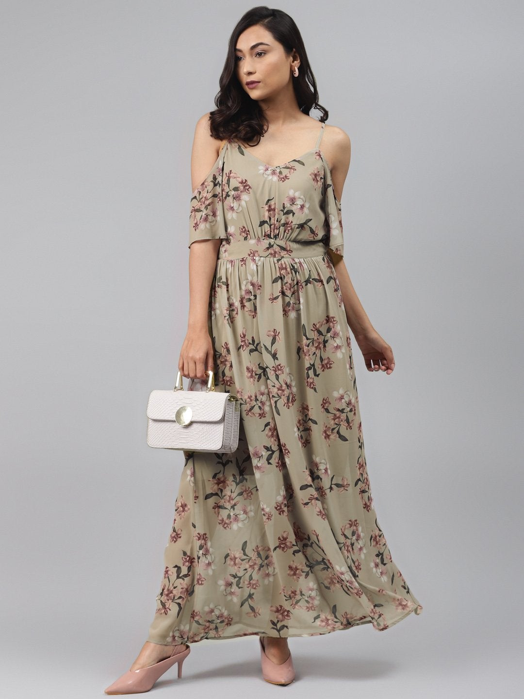 Women's Olive Floral Cold Shoulder Maxi Dress