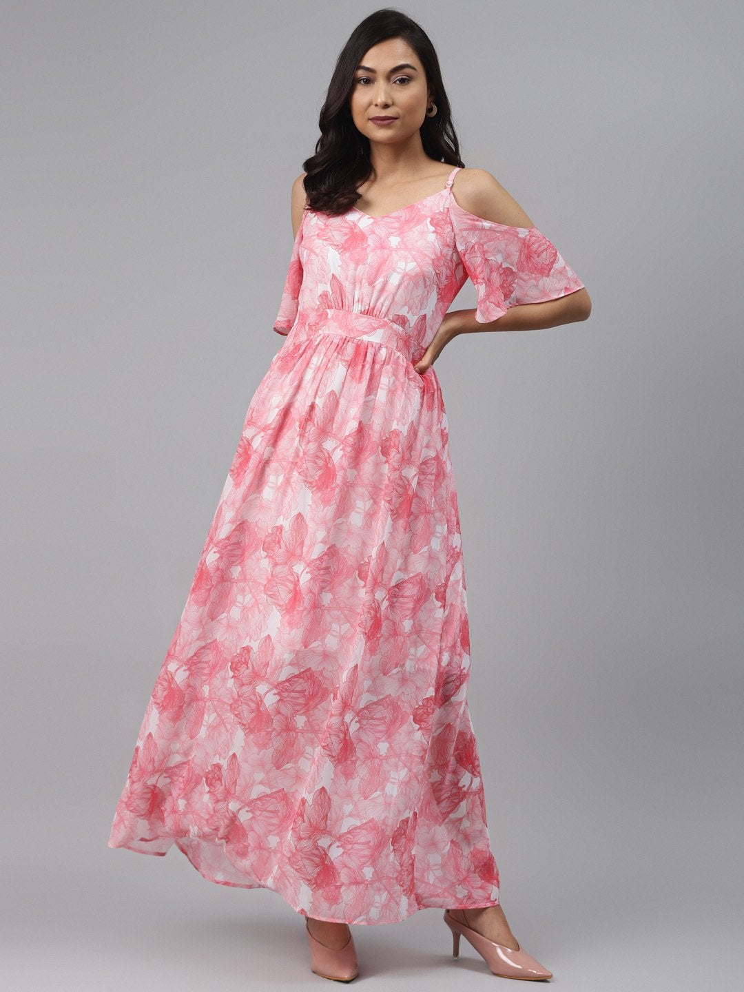 Women's Pink Floral Cold Shoulder Maxi Dress