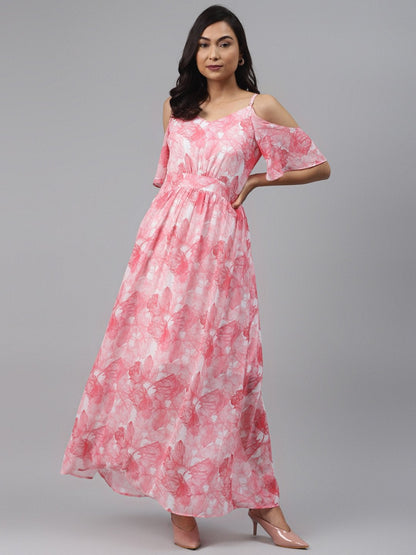 Women's Pink Floral Cold Shoulder Maxi Dress
