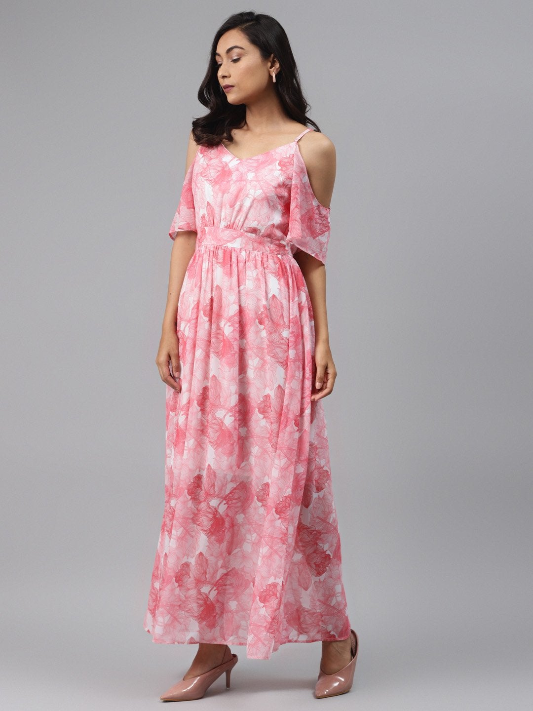 Women's Pink Floral Cold Shoulder Maxi Dress