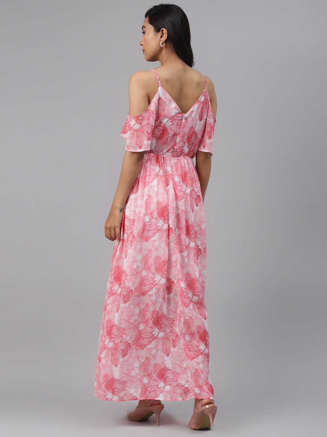 Women's Pink Floral Cold Shoulder Maxi Dress