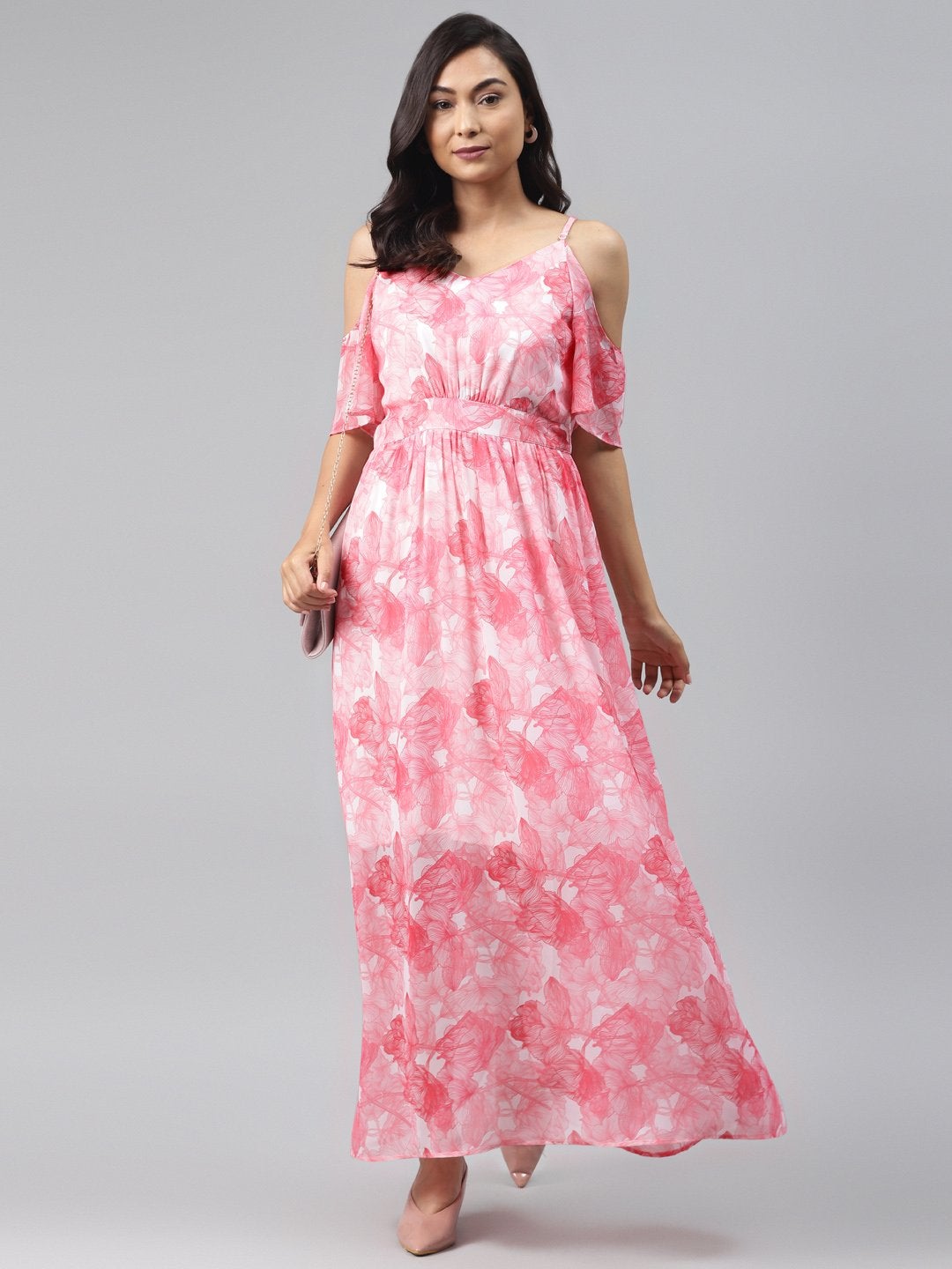 Women's Pink Floral Cold Shoulder Maxi Dress