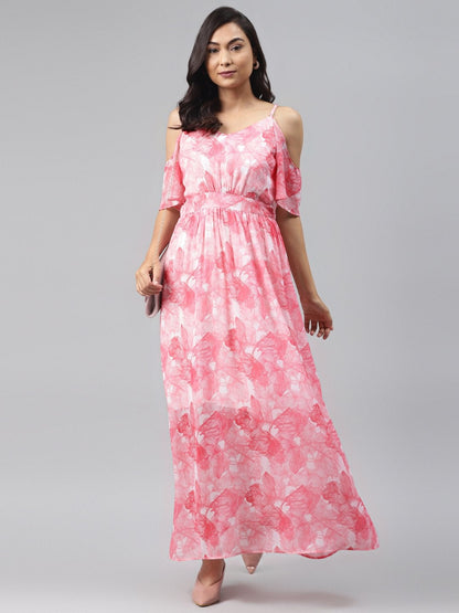 Women's Pink Floral Cold Shoulder Maxi Dress