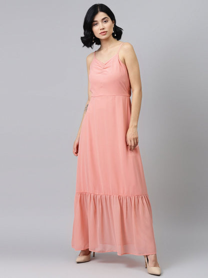 Women's Pink Strappy Frilled Hem Maxi Dress