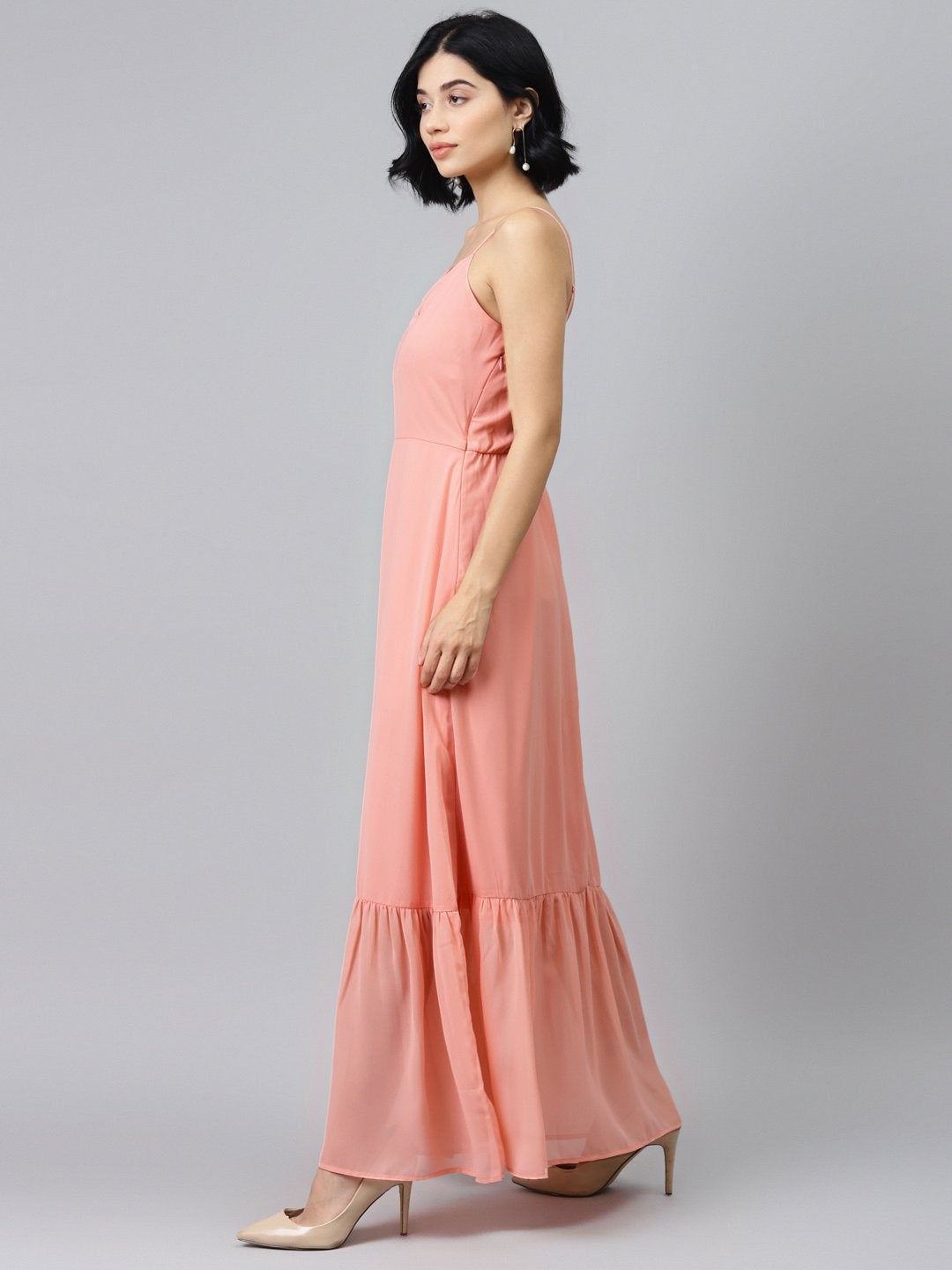 Women's Pink Strappy Frilled Hem Maxi Dress